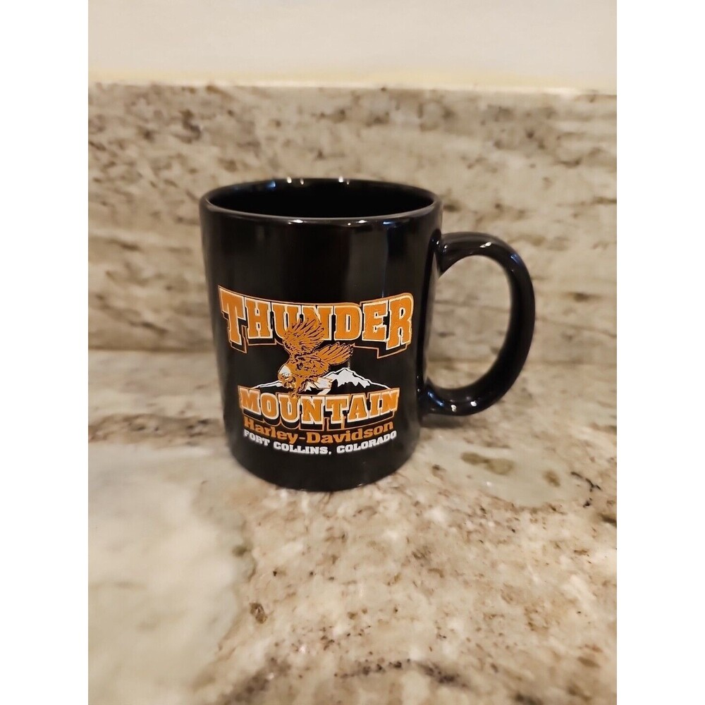 Harley Davidson Thunder Mountain Mug 12 oz Orange Black Port Collins Colorado
